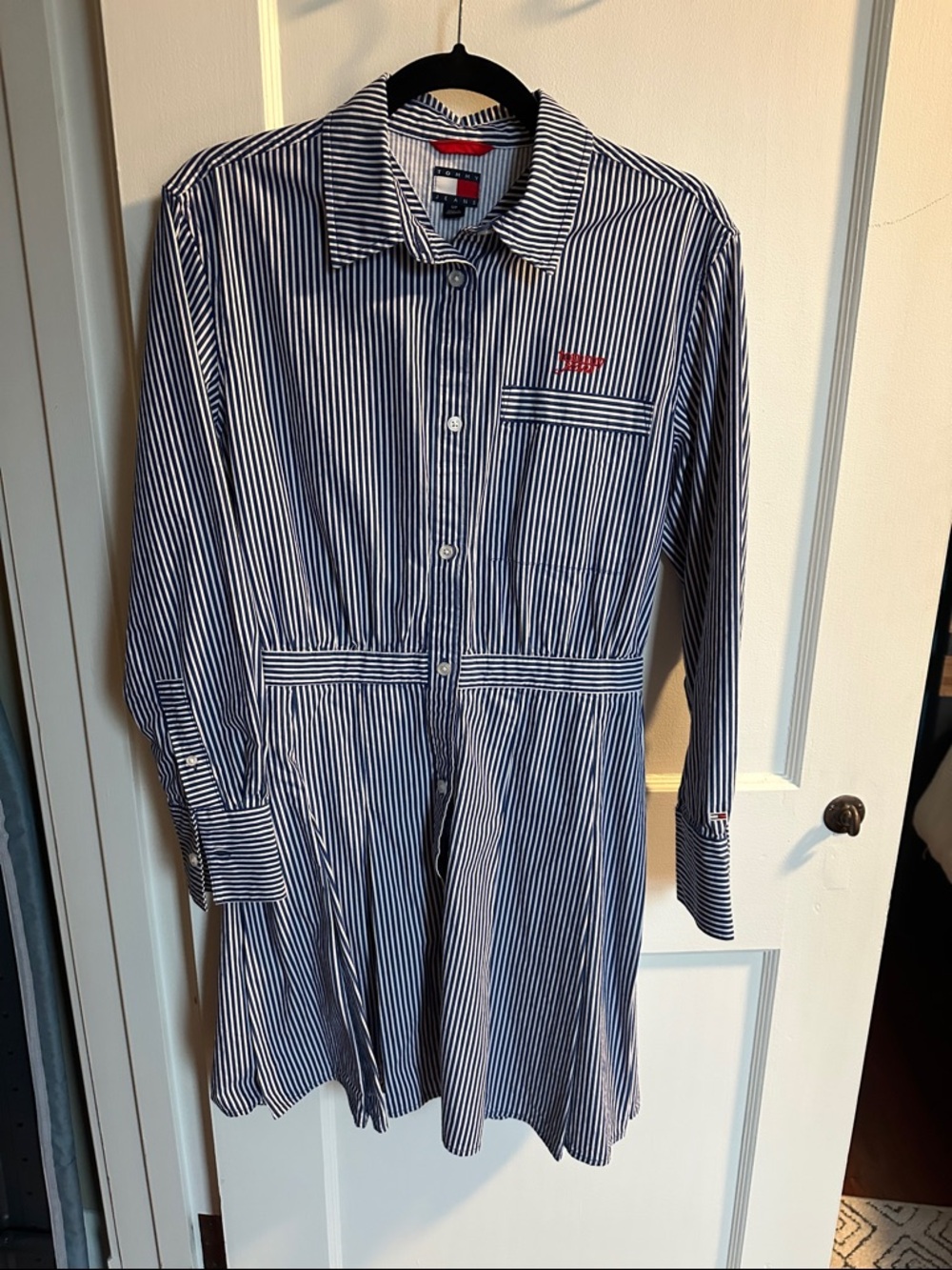 Tommy Hilfiger Navy & White Striped Shirt Dress with Red Logo